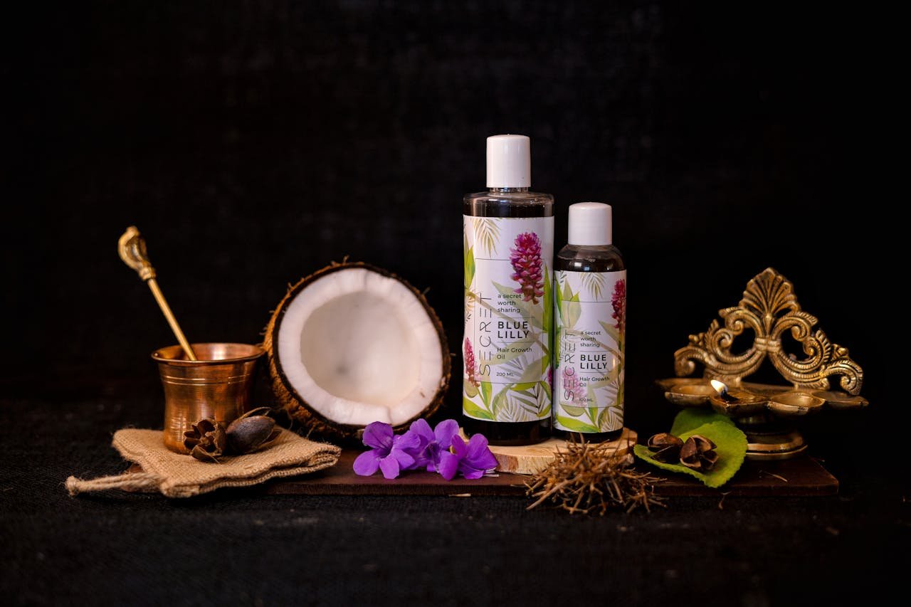 Natural hair growth products with Ayurvedic ingredients and traditional Indian elements.