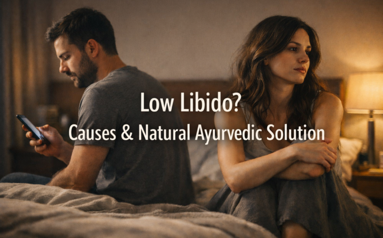 Low libido in men and women showing emotional distance between couple with natural Ayurvedic solution concept