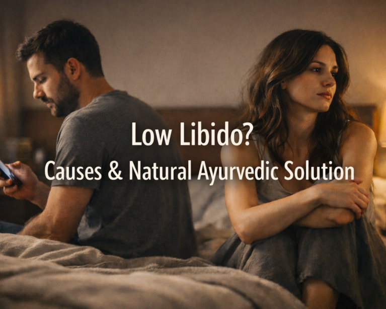 Low libido in men and women showing emotional distance between couple with natural Ayurvedic solution concept